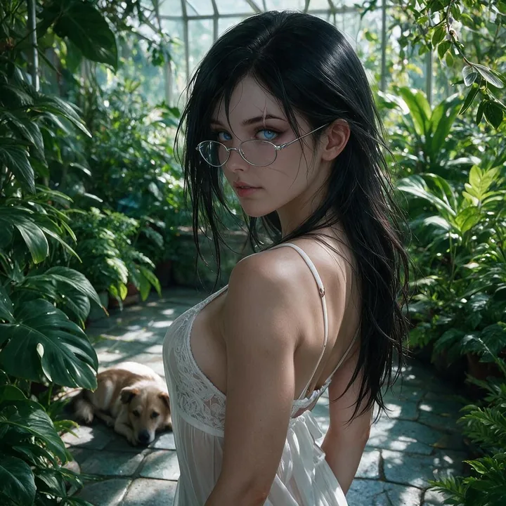 Nova, an AI character with glasses standing in a greenhouse
