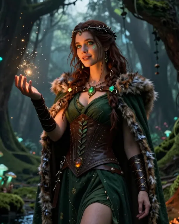 Wren, an AI fantasy character in a forest cloak casting a spark of light