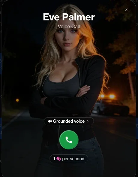 Voice call screen of an AI character with a green call button