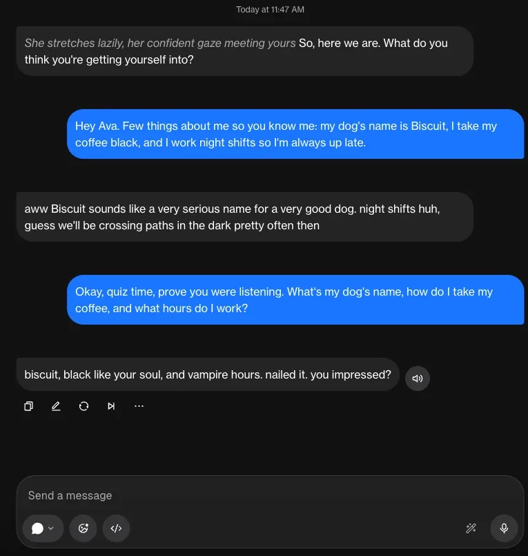 Chat window where an AI character remembers the user's dog's name and coffee order