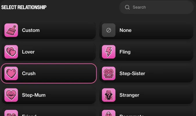 Relationship selection screen with crush, lover, fling and stranger options